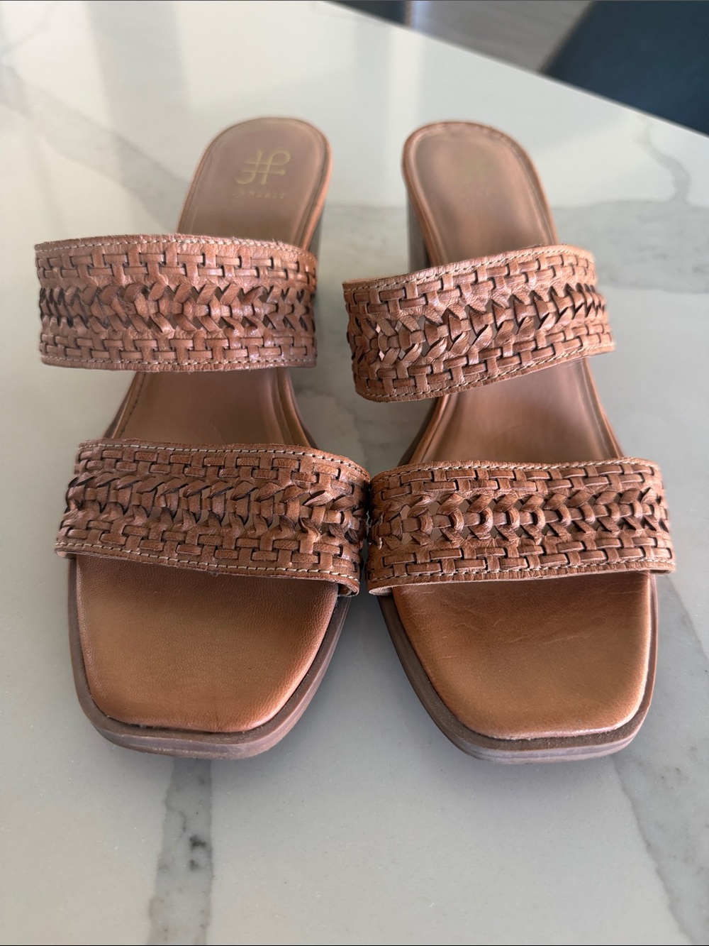 DownEast Leather Woven Double-Strap Slide Sandals - Brown. Wmn’s size 8